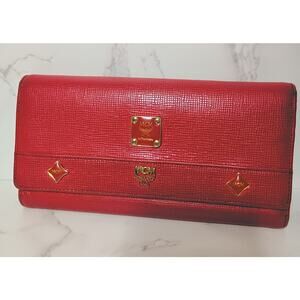 MCM Princess Red Pebbled Leather Long Trifold Wallet